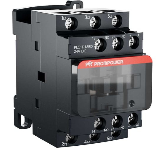 Изображение товара Контактор Prompower серии Pulse, ток 18А, 3 полюса, доп контакт 1НО+1НЗ, катушка 24DC PLC1D18BD