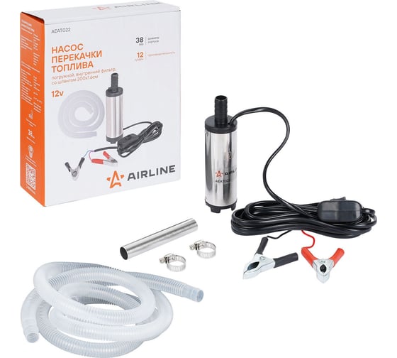 Изображение товара Насос перекачки топлива погружной AIRLINE 12В, 38мм, 12л/мин, внутр фильтр, со шлангом 200x1.6см AEAT022