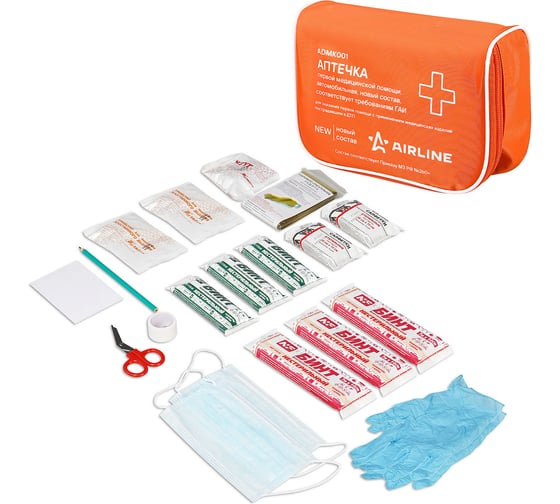 Изображение товара Аптечка автомобильная AIRLINE новый состав МЗ РФ 260н, соотвестсвует требованиям ГАИ, текстильный футляр ADMK001