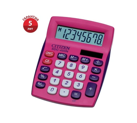 Изображение товара Настольный калькулятор Citizen 8 разрядов, двойное питание, розовый SDC-450NPKCFS