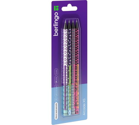 Изображение товара Набор чернографитных карандашей BERLINGO Arcade XS HB, 4 шт, черное дерево, круглые, заточенные BP01105_4