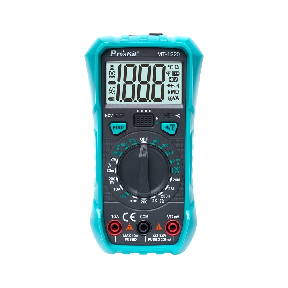 MT-1220 Мультиметр цифровой портативный Pro'sKit С00040351 подходит для всех видов бытового использования и обслуживания электроники. Он может быстро и точно определять неполадки в электрических цепях. Защита от перегрузки обеспечивает длительный срок службы мультиметра и безопасность пользователя.