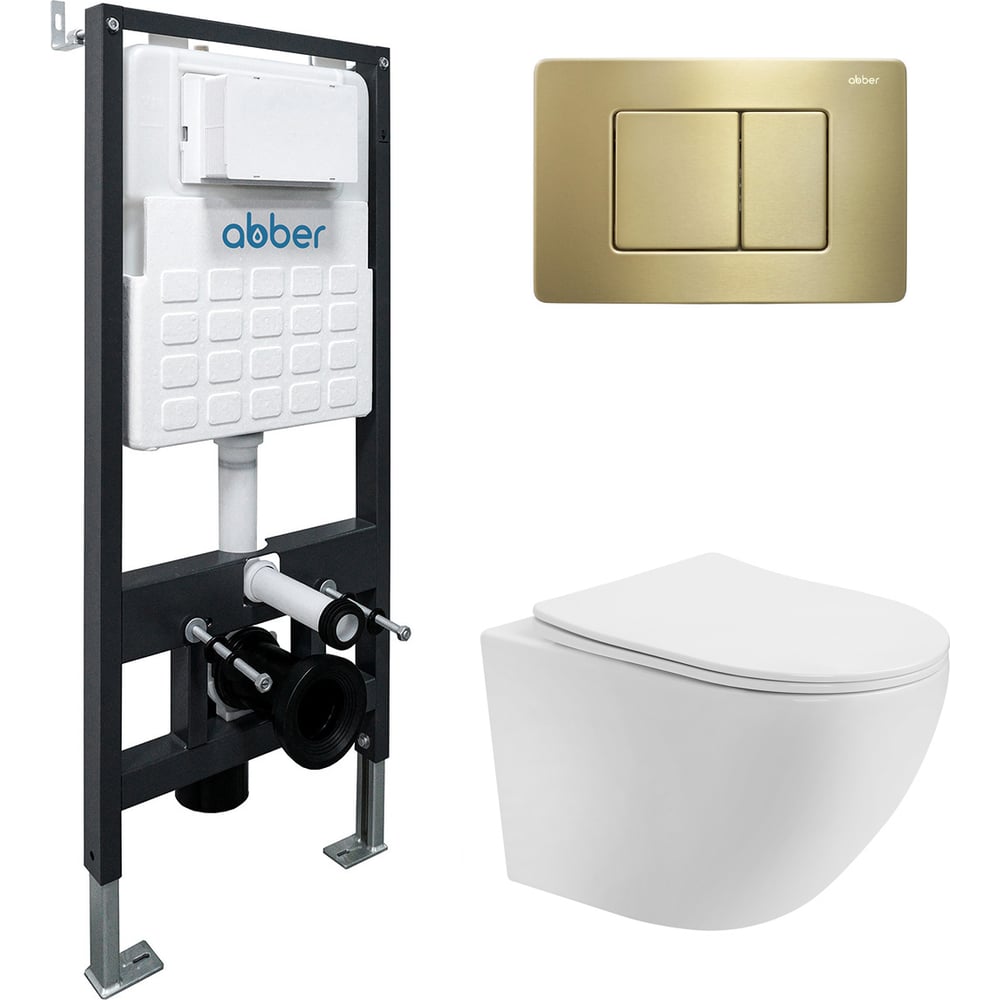 Изображение товара Комплект ABBER подвесной унитаз Bequem AC1100T белый с инсталляцией AC0105 и кнопкой AC0120MMG золото матовое AC1100T-AC0105-AC0120MMG