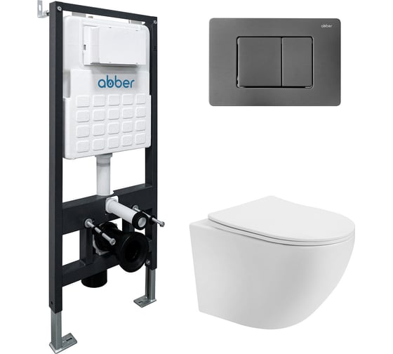 Изображение товара Комплект ABBER подвесной унитаз Bequem AC1100T белый с инсталляцией AC0105 и кнопкой AC0120NG никель AC1100T-AC0105-AC0120NG