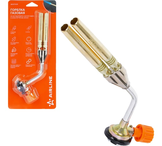Изображение товара Горелка газовая на цанговый баллон, Airline ручн.поджиг, 2 сопла D12x102 мм, металл ADGT009