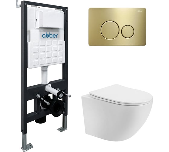 Изображение товара Комплект ABBER подвесной унитаз Bequem AC1100T белый с инсталляцией AC0105 и кнопкой AC0121MMG золото матовое AC1100T-AC0105-AC0121MMG