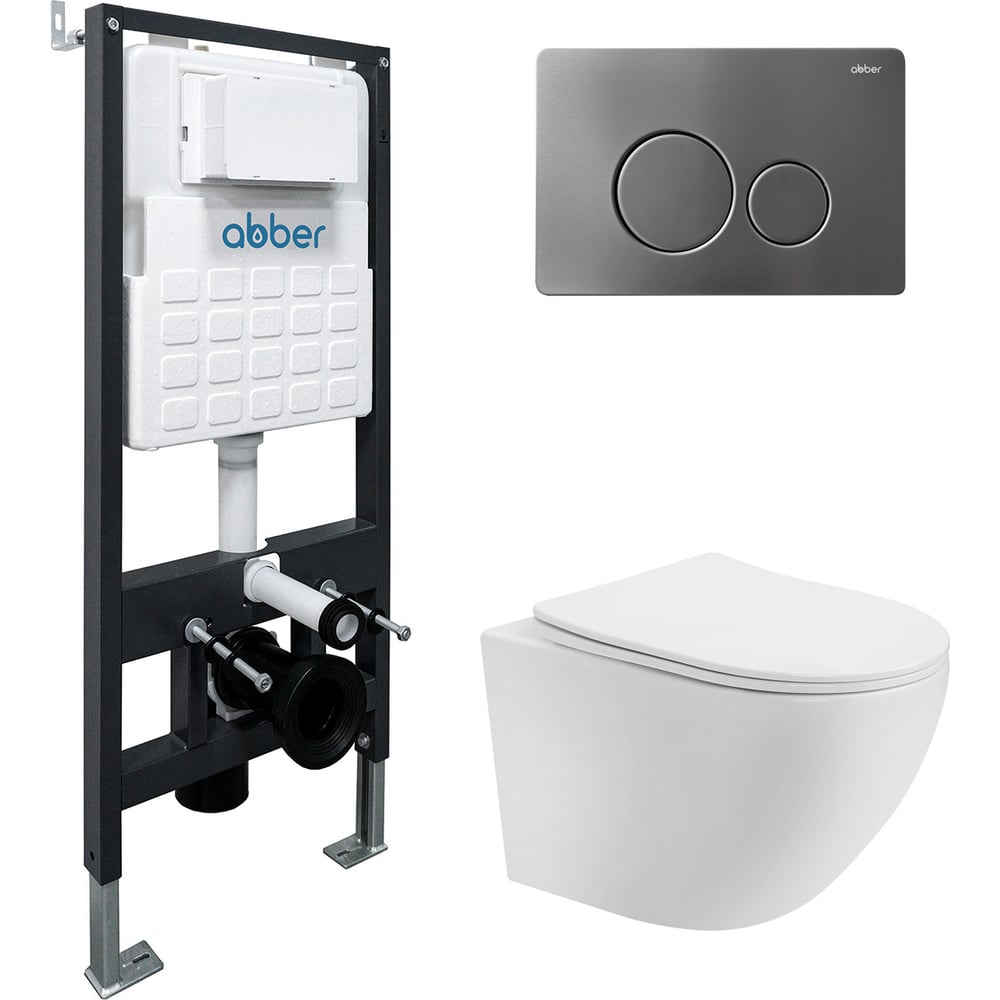 Изображение товара Комплект ABBER подвесной унитаз Bequem AC1100T белый с инсталляцией AC0105 и кнопкой AC0121NG никель AC1100T-AC0105-AC0121NG