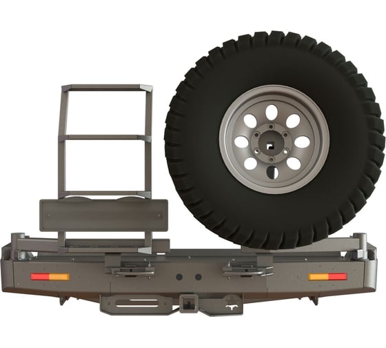 Изображение товара Бампер силовой задний STC Toyota Land Cruiser 80 с квадратом под фаркоп, площадкой для лебедки, кронштейном запасного колеса справа, калиткой, лестницей слева и дублирующими фонарями STC-TLC80-BR-W-C2С5-L1