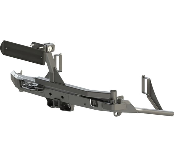 Изображение товара Бампер силовой задний STC Toyota Land Cruiser 300 с квадратом под фаркоп, кронштейном крепления запасного колеса по центру, кронштейном крепления гос номера и фарами заднего хода/ПТФ STC-TLC300-BR-C1-L2