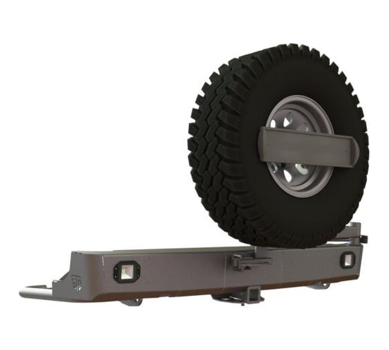 Изображение товара Бампер силовой задний STC Toyota Hilux 2015+ с квадратом под фаркоп, кронштейном крепления запасного колеса по центру, кронштейном крепления гос номера и фарами заднего хода/ПТФ STC-TH15-BR-C1-L2