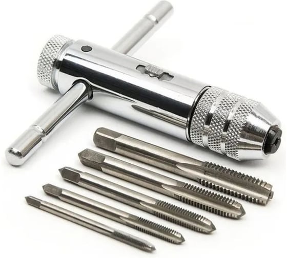 Изображение товара Вороток для метчиков Vitatools M3-M8, в комплекте с метчиками - 5 штук trehetochniy-clych-m3-m8-metchik-5sht