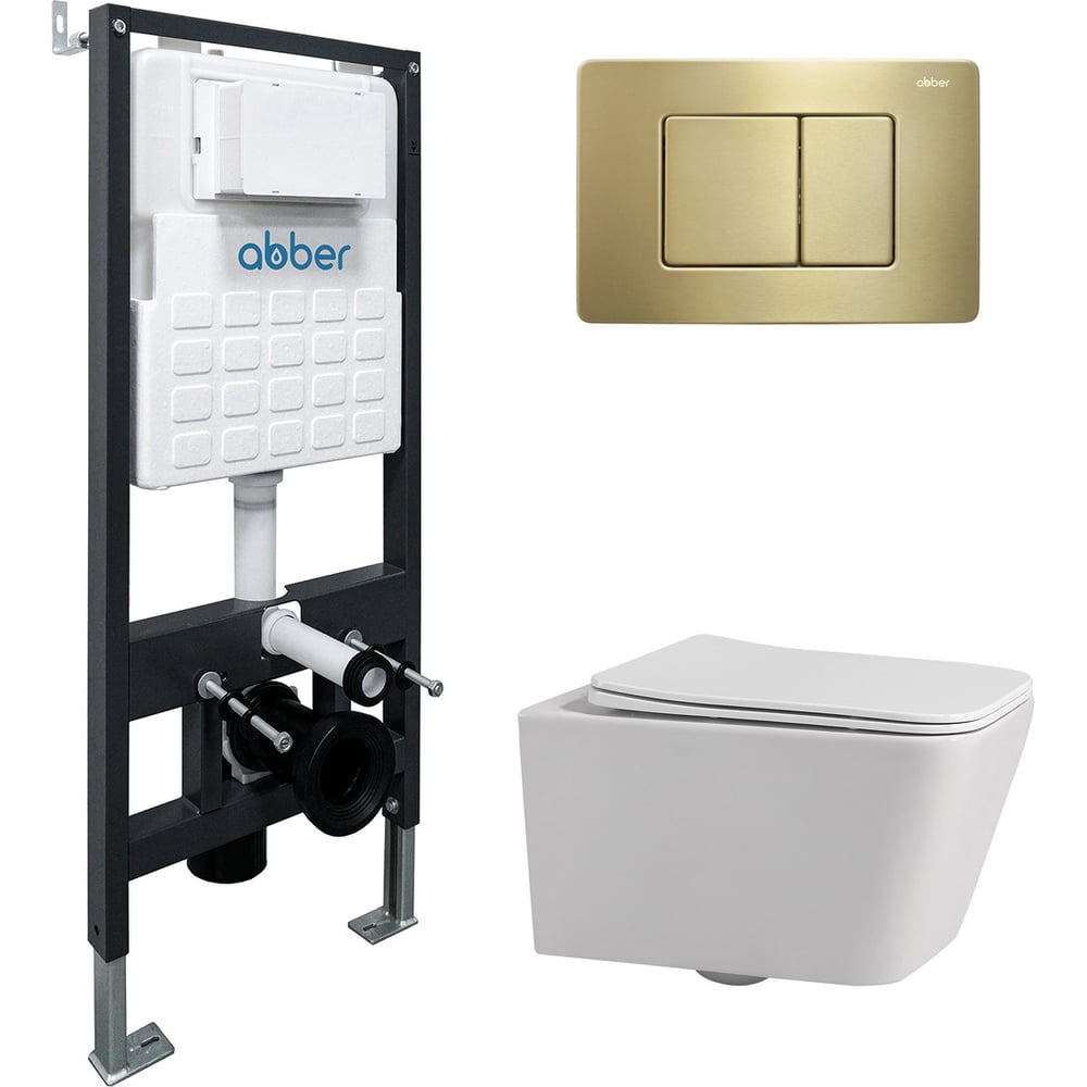 Изображение товара Подвесной унитаз ABBER Rechteck AC1201 белый с инсталляцией и кнопкой Золото матовое