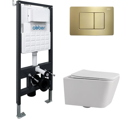 Изображение товара Комплект ABBER подвесной унитаз Rechteck AC1201 белый с инсталляцией AC0105 и кнопкой AC0120MMG золото матовое AC1201-AC0105-AC0120MMG