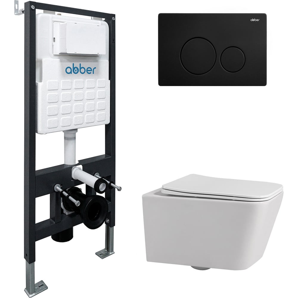 Изображение товара Комплект ABBER подвесной унитаз Rechteck AC1201 белый с инсталляцией AC0105 и кнопкой AC0121MB черный матовый AC1201-AC0105-AC0121MB