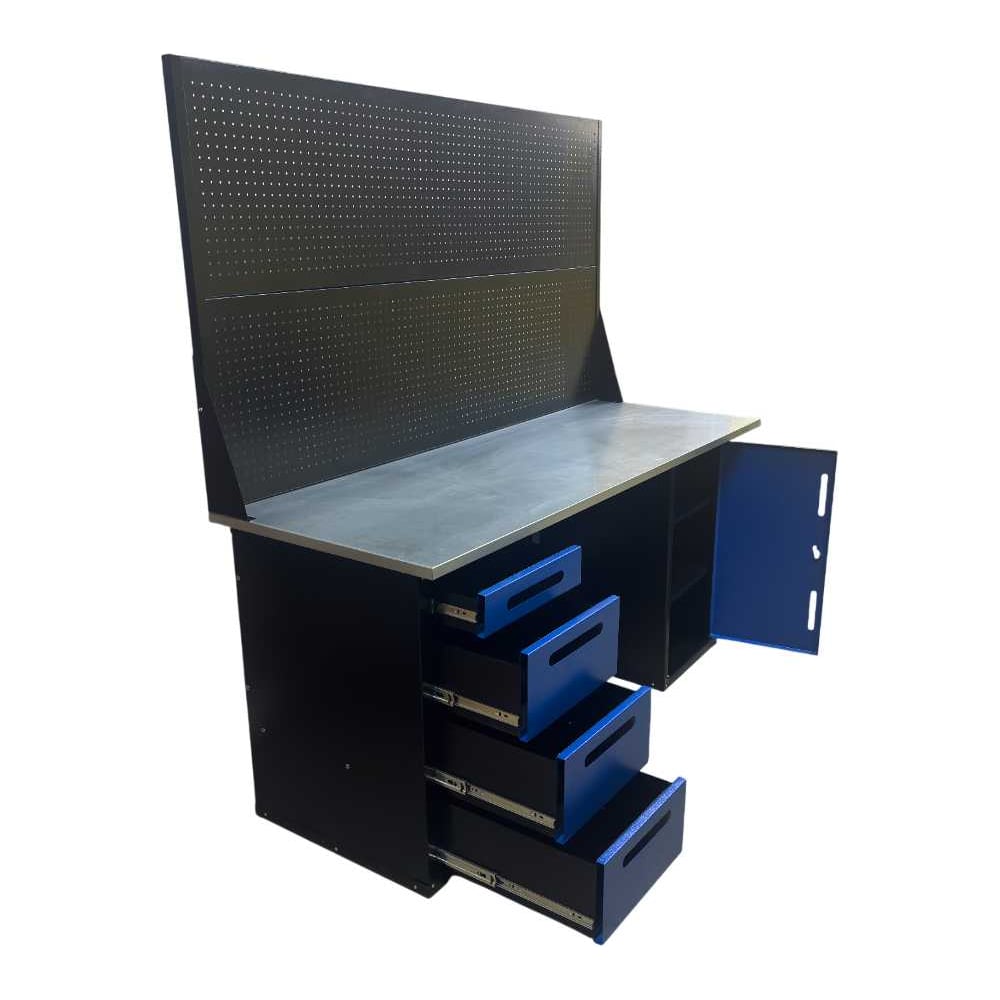 Изображение товара Верстак двухтумбовый Great Wolf 4 ящика, тумба с дверью, два экрана, синий 1800x700 GWT-V1800BL2