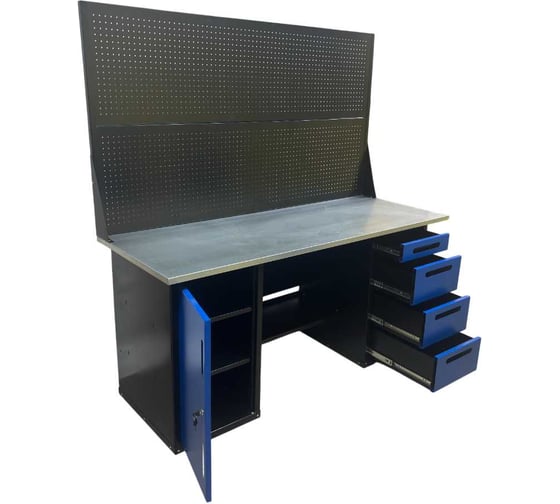 Изображение товара Верстак двухтумбовый Great Wolf 4 ящика, тумба с дверью, два экрана, синий 1800х700 GWT-V1800B2