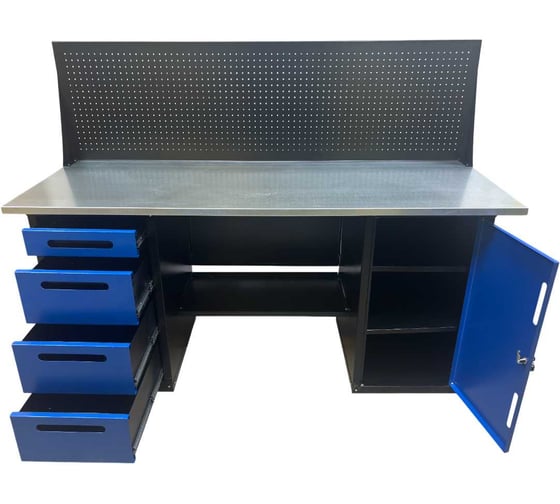 Изображение товара Верстак двухтумбовый Great Wolf 4 ящика, тумба с дверью, экран, синий 1800x700 GWT-V1800BL1