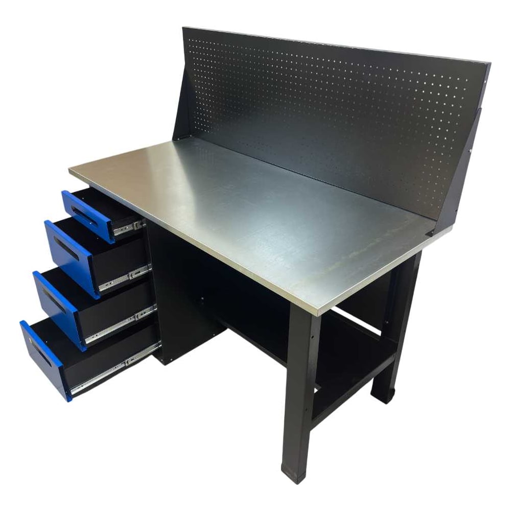 Изображение товара Верстак однотумбовый Great Wolf 4 ящика, с экраном, синий 1400x700 GWT-V1400BL1