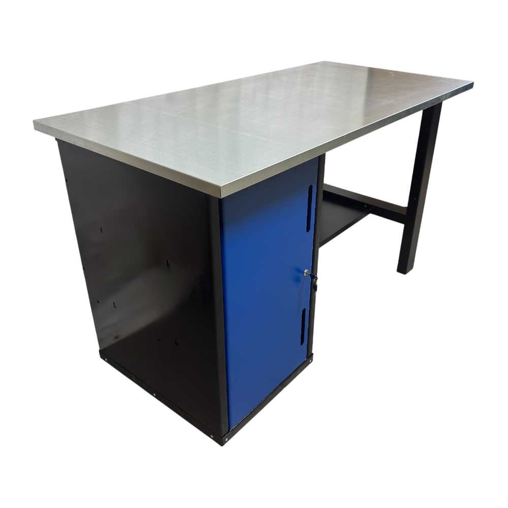 Изображение товара Верстак Great Wolf однотумбовый с дверью и полкой, синий, 1400x700 мм