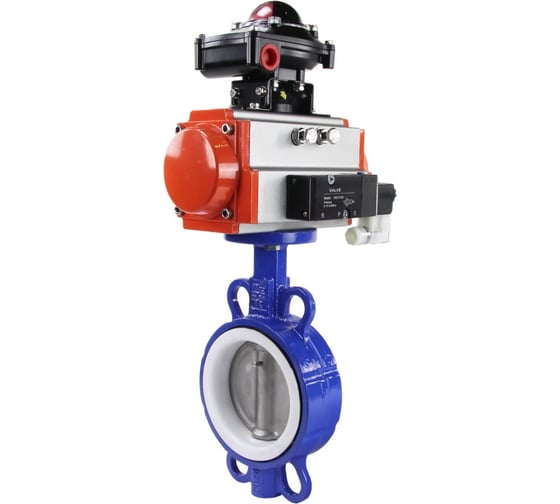 Изображение товара Затвор DN.ru WCB-316L-PTFE Ду125 Ру16 с пневмоприводом, пневмораспределителем, БКВ D050-00334