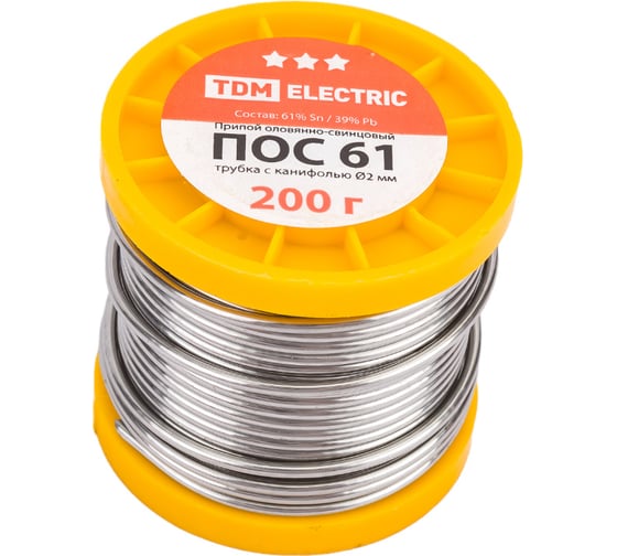 Изображение товара Припой ПОС 61 трубка с канифолью серия Алмаз (2 мм, 200 г, ГОСТ 21931-76, катушка) TDM ELECTRIC SQ1025-0308