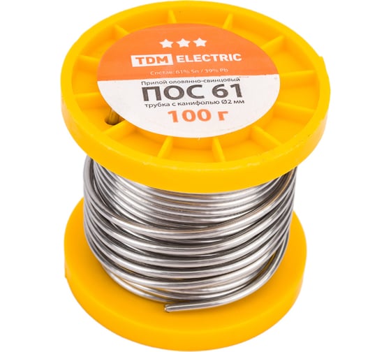 Изображение товара Припой ПОС 61 трубка с канифолью серия Алмаз (2 мм, 100 г, ГОСТ 21931-76, катушка) TDM ELECTRIC SQ1025-0307