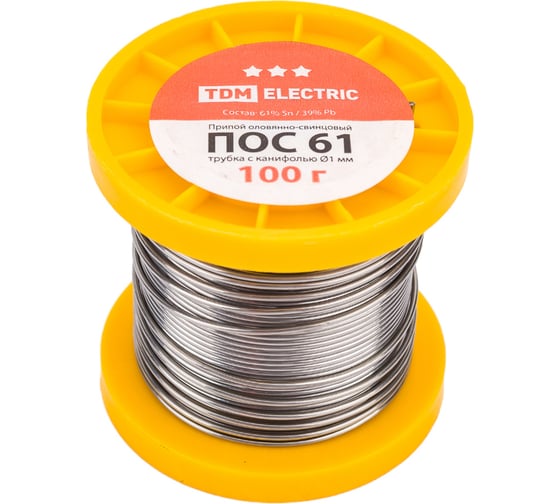 Изображение товара Припой ПОС 61 трубка с канифолью серия Алмаз (1 мм, 100 г, ГОСТ 21931-76, катушка) TDM ELECTRIC SQ1025-0304
