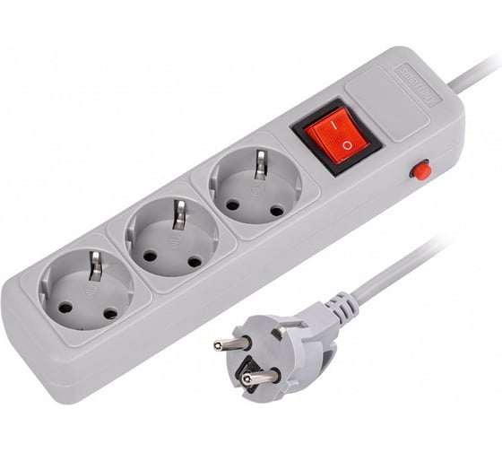 Изображение товара Сетевой фильтр Smartbuy 16А, 3500 Вт, 3 гнезда, без заземляющего штыря, с заземляющим контактом, ПВС 3x1.0, 3 м, серый SBSP-3-30-G