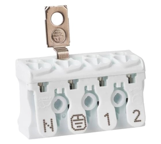 Изображение товара Клемма пружинная соединительная HLT КСПнз4-2L+N+PE, 16A, с монтажной ножкой и заземлением под винт (50шт./уп.) 081-32-029