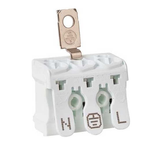 Изображение товара Клемма пружинная соединительная HLT КСПнз3-L+N+PE, 16A, с монтажной ножкой и заземлением под винт (100шт./уп.) 081-32-025