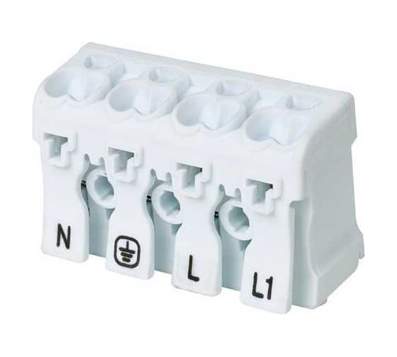 Изображение товара Клемма пружинная соединительная HLT КСПн4-2L+N+PE, 16A, с монтажной ножкой (50шт./уп.) 081-32-028