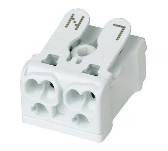 Изображение товара Клемма пружинная соединительная HLT КСПн2-L+N, 16A, с монтажной ножкой (100шт./уп.) 081-32-021