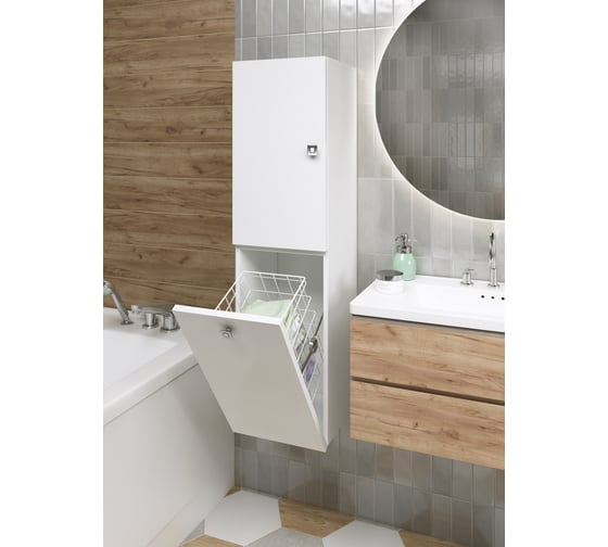 Изображение товара Подвесной высокий шкаф туалетный SANTREK ПВШТ HOME 1 дверь, 1 корзина, белый глянец, левый, 300х1114х300 мм 322162