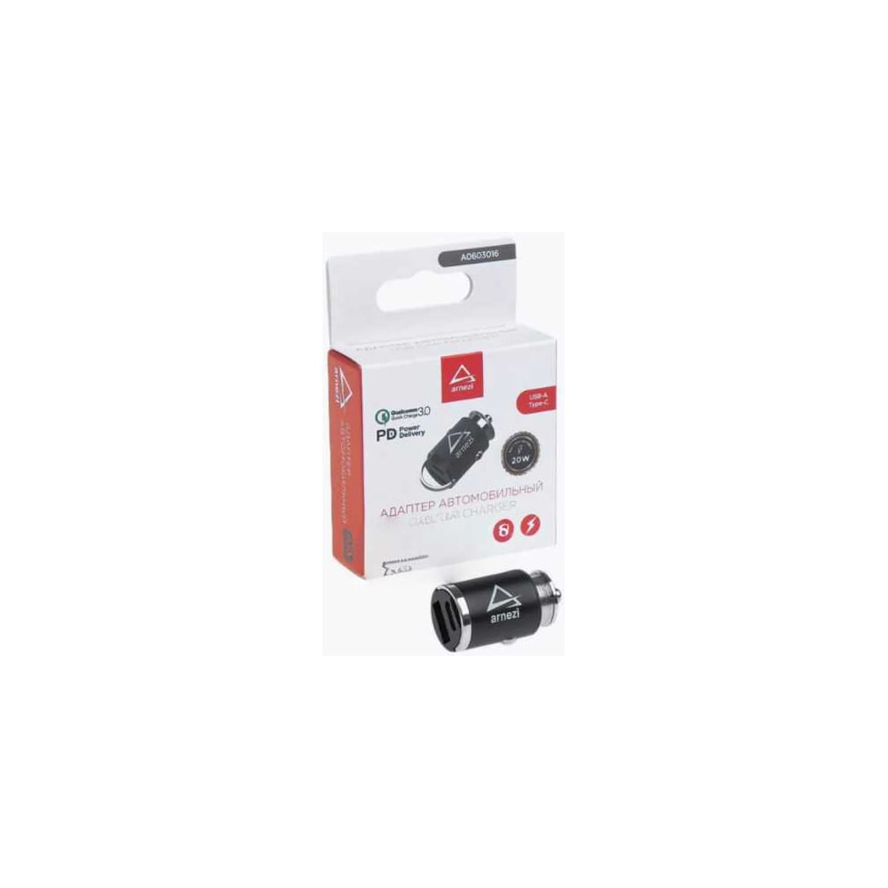 Изображение товара Адаптер автомобильный ARNEZI 20W USB-A (QC3.0) + Type-С (PD 3.0) 12-24V в прикуриватель A0603016