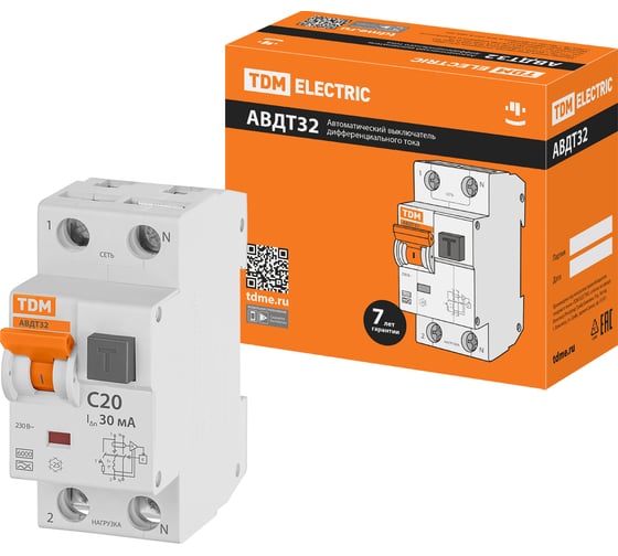 Изображение товара Автоматический выключатель дифференциального тока TDM ELECTRIC АВДТ 32 С20, 30мА SQ0202-0203