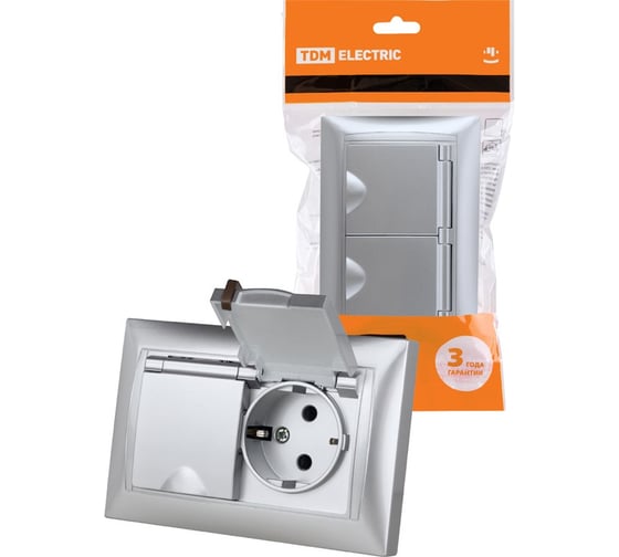 Изображение товара Розетка двойная TDM ELECTRIC 2П+З, 16А, 250В, IP44, с защитными шторками, с крышкой, серебристый металлик, Лама TDM SQ1815-0260