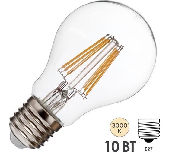 Изображение товара Лампа FL-LED Filament A60 10W E27 3000К 220V 1000Лм 60x108мм FOTON_LIGHTING груша прозрачная 606464