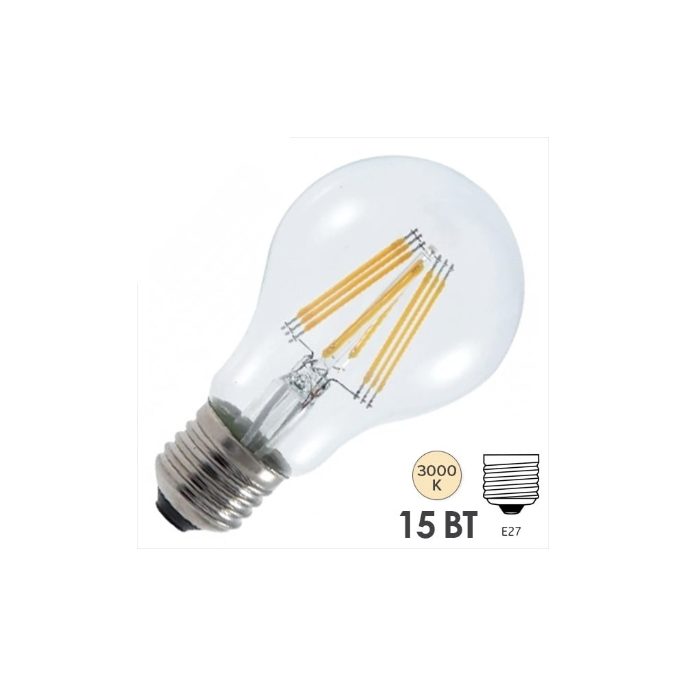 Изображение товара Лампа FL-LED Filament A60 15W E27 3000K 1500Лм прозрачная груша