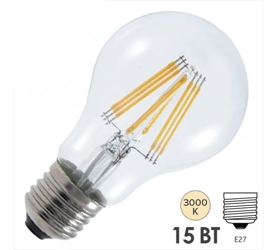 Изображение товара Лампа FL-LED Filament A60 15W E27 3000К 220V 1500Лм 60x108мм FOTON_LIGHTING груша прозрачная 609014