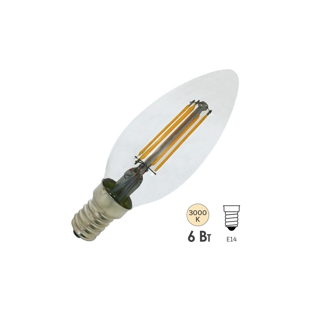 Изображение товара LED лампа FILAMENT C35 6W диммируемая E14 теплый белый 3000K 220V Изображение товара LED лампа FILAMENT C35 6W диммируемая E14 теплый белый 3000K 220V