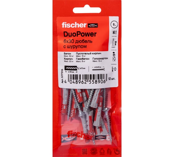 Изображение товара Дюбель с шурупом Fischer DUOPOWER 6x30 (12шт.) 577316