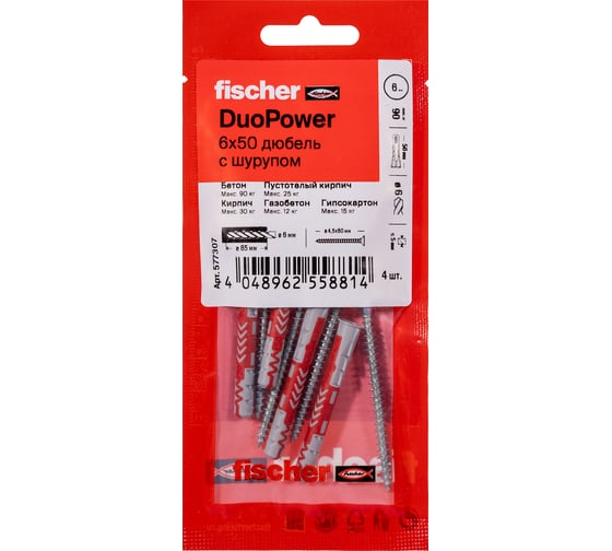 Изображение товара Дюбель с шурупом Fischer DUOPOWER 6x50 (4шт.) 577307