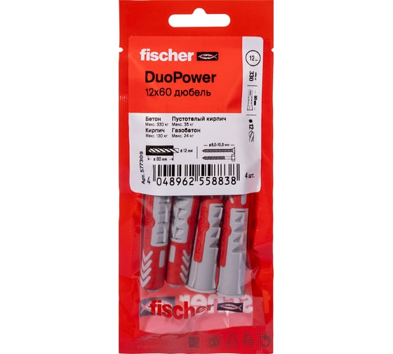 Изображение товара Дюбель Fischer DUOPOWER 12x60 (4шт.) 577309