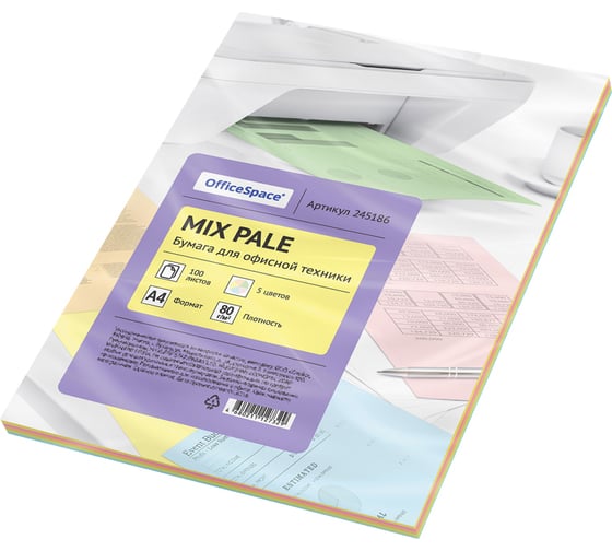 Изображение товара Цветная бумага OfficeSpace pale mix А4, 80 г/м2, 100 листов, 5 цветов 245186