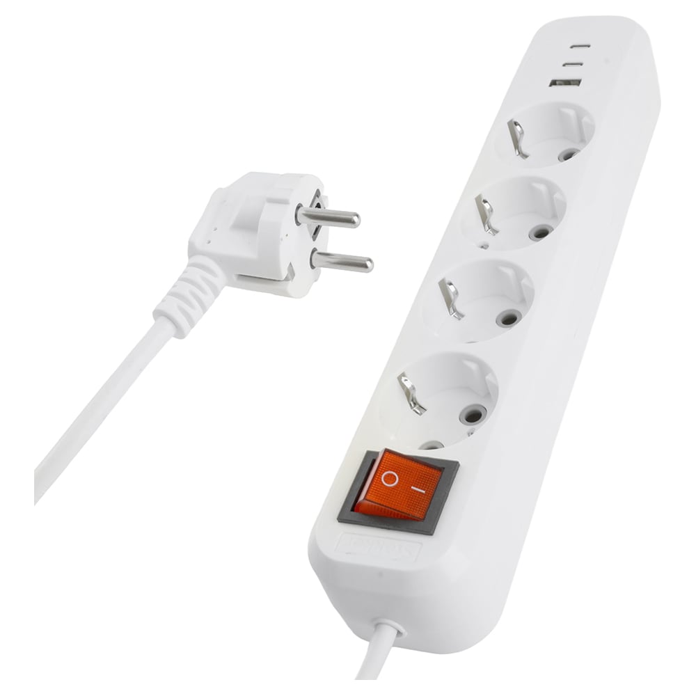 Изображение товара Удлинитель STEKKER Home 4-местный, с/з, с выключ., HM071-41-03 3x1мм2, 3м, 250В, 16А, 1USB+2C, 2.4A, белый, 50140