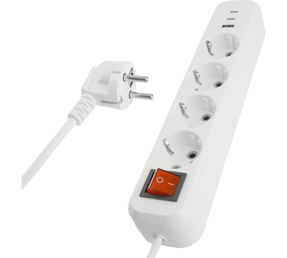 Изображение товара Удлинитель STEKKER Home 4-местный, с/з, с выключ., HM071-41-03 3x1мм2, 3м, 250В, 16А, 1USB+2C, 2.4A, белый, 50140