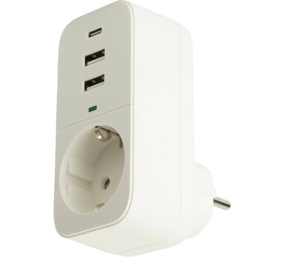 Изображение товара Сетевой фильтр STEKKER Nova 1-местный, с/з, 250В, 16А, 2USB+1Type-C 2,4 A, HM81-11-1, белый 50142