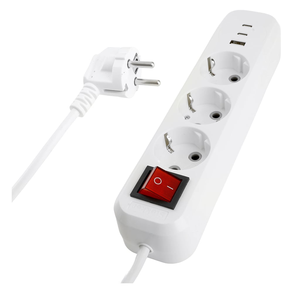 Изображение товара Удлинитель STEKKER Home 3-местный, с/з, с выключ., HM071-31-05 3x1мм2, 5м, 250В, 16А, 1USB+2C, 2.4A, белый, 50138