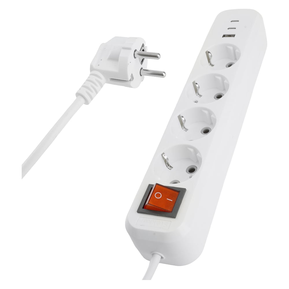 Изображение товара Удлинитель STEKKER Home 4-местный, с/з, с выключ., HM071-41-02 3x1мм2, 2м, 250В, 16А, 1USB+2C, 2.4A, белый, 50139