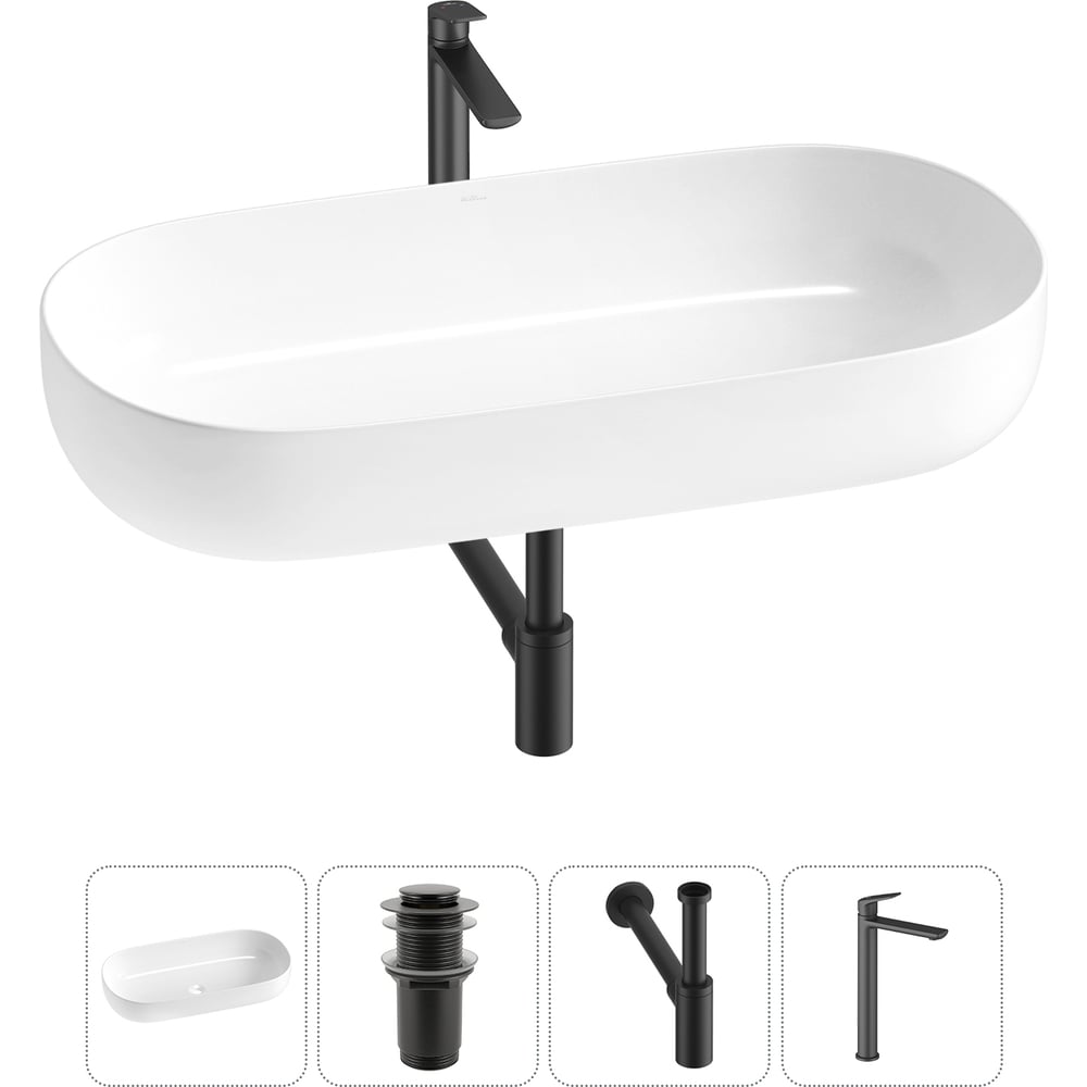 Изображение товара Накладная раковина для ванной Wellsee Chic Riviera 4 в 1 белая с сифоном и смесителем